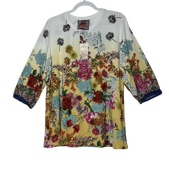 New JOHNNY WAS Tunic Top Women's XL Floral 3/4 Sleeve Bohemian Stretch‎ Boho - Picture 2 of 13